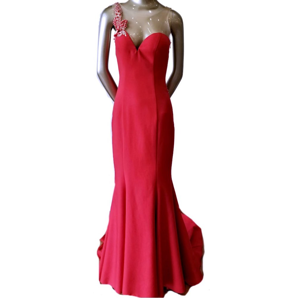 Vintage TATIK EDIZ Red Beaded Floral Detailed Evening Gown